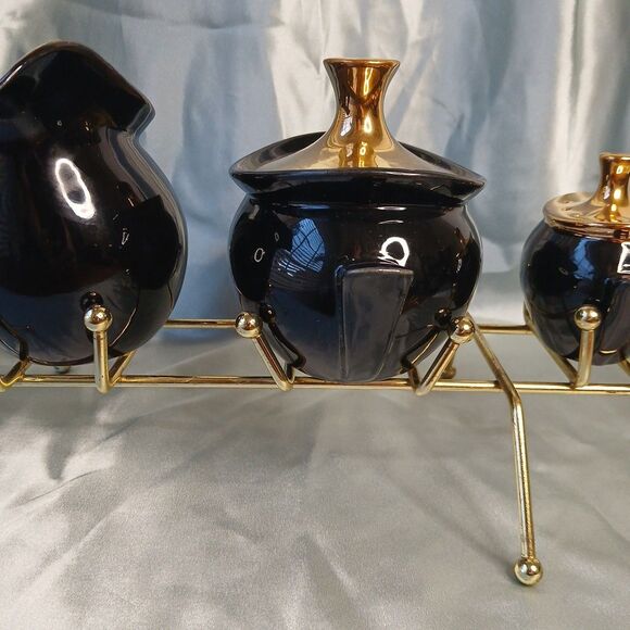 Art Deco 1950's Ceramic Black/gold Table Centerpiece Set On Gold Metal Stand - Picture 4 of 16